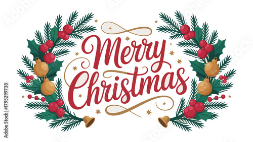 Christmas Greeting: Festive Christmas wreath, adorned with vibrant holly berries and ornamental decorations. Festive message with ornamental and holly berries.