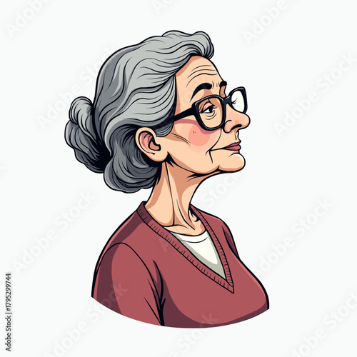 Elderly woman with glasses in profile view with a gentle expression  
