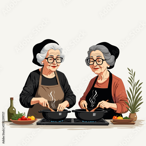 Two elderly women cooking together in kitchen with vegetables and herbs  