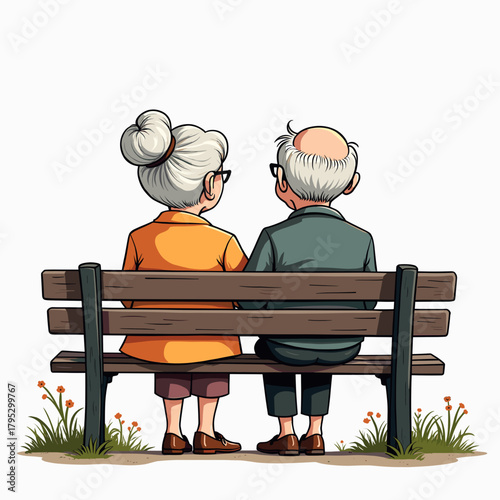 Elderly couple sitting on a bench and holding hands in a park  