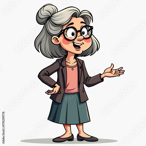 Elderly woman speaking animatedly in stylish outfit with glasses  