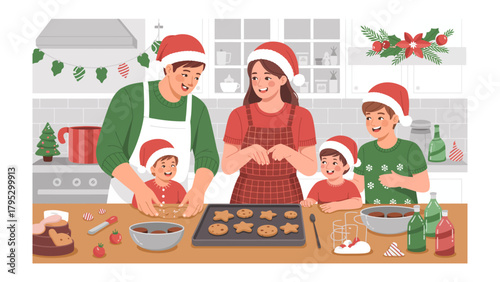 Family Christmas Cookie Baking: A heartwarming scene unfolds in a cozy kitchen as a family, donned in festive attire, joins together to bake Christmas cookies, creating lasting memories.