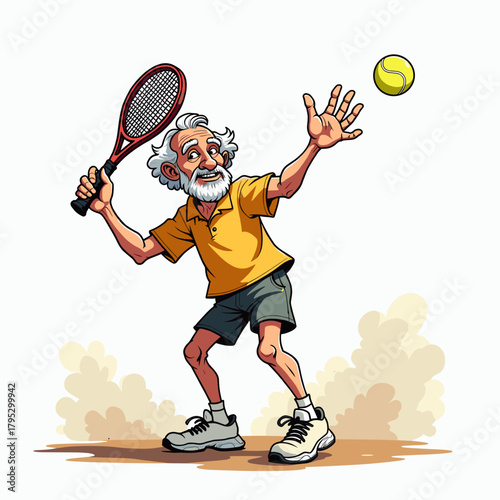 Elderly man playing tennis and preparing to hit a yellow ball  