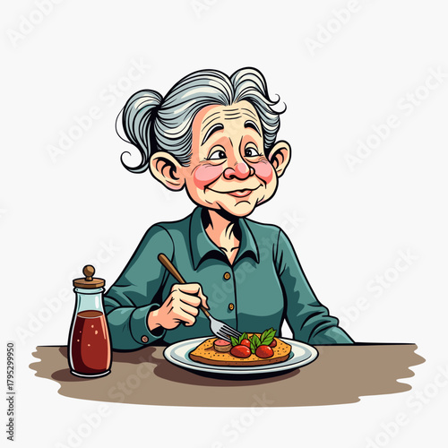 Elderly woman eating breakfast with pancakes and strawberries on table  