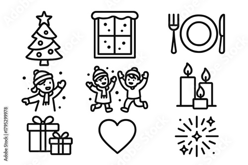 Festive Family Icons. Seasonal Family Joy linear icons: Christmas tree, snowcovered window, dinner plates, children playing, candles, wrapped gifts, heart, festive glow.