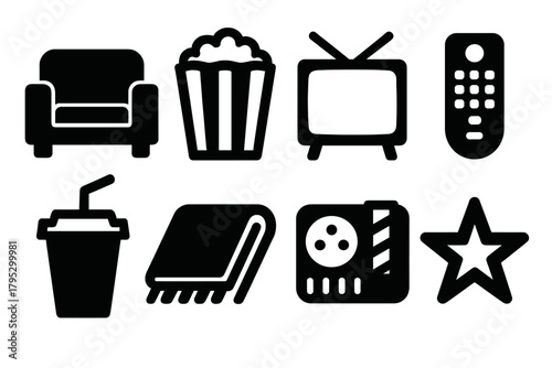 Family Movie Essentials. Family Movie Night Set silhouette icons set: sofa, popcorn bowl, TV, remote, drink, blanket, snacks, star.