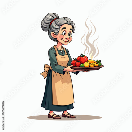 Elderly woman smiling and holding a plate of fresh vegetables in kitchen  