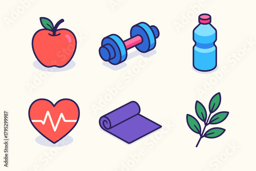 Healthy Habits Icons. Healthy Habits flat icons: apple, dumbbell, water bottle, heart pulse, yoga mat, leafy branch.