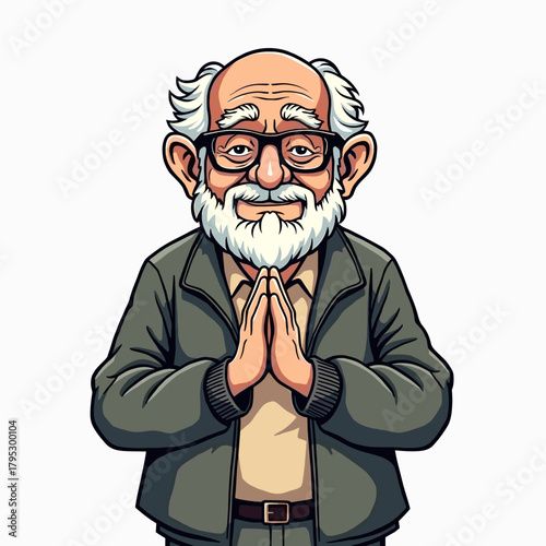 Elderly man with glasses and white beard, smiling with hands together  