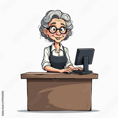 Elderly woman working at a computer desk and smiling in a shop  