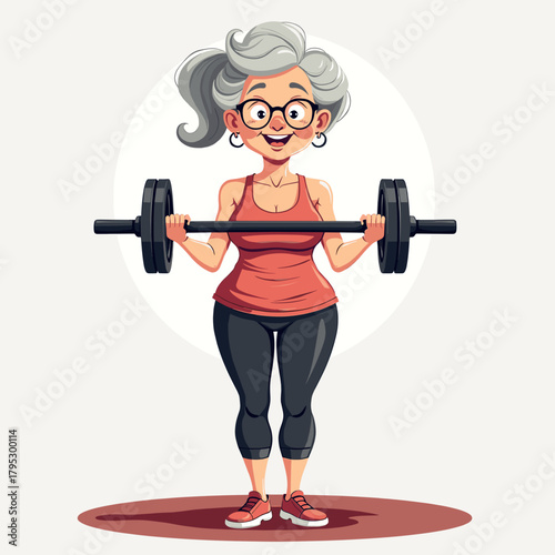Elderly woman lifting weights in fitness attire with a cheerful expression  