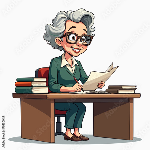 Elderly woman smiling while writing at desk surrounded by books  