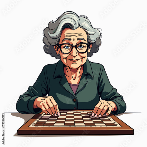Elderly woman playing chess with focused expression indoors - Concept of Aging  