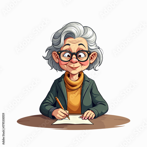 Elderly woman writing notes with pencil at a desk with a smile  