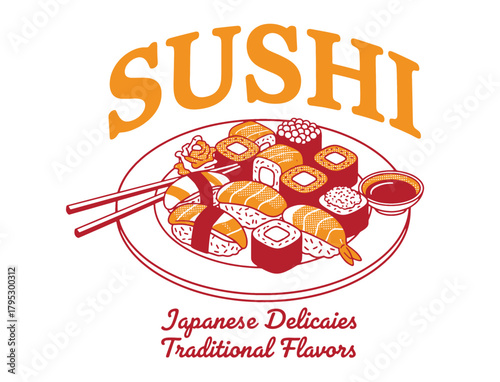 Classic sushi restaurant logo vector. Stylized platter of nigiri and maki rolls, chopsticks, and soy sauce. Bold SUSHI title. Ideal for Japanese food branding.