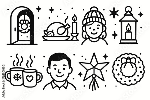 Festive Holiday Icons. Holiday Warmth & Welcome linear icons: lit doorway, festive table, star piñata, lantern, cocoa mugs, smiling faces, wreath, night sky.