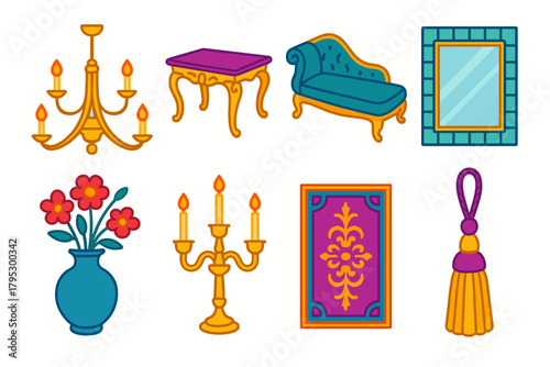 Grand Salon Icon Set. Grand Salon flat icons: chandelier, carved table, velvet chaise, mirror wall, floral vase, candle holder, rug design, curtain tassel.