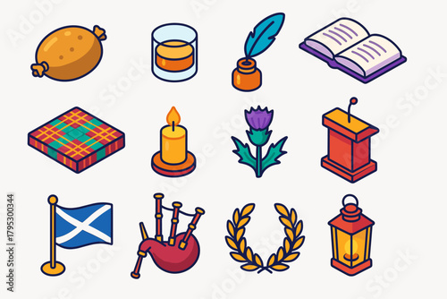 Burns Night Symbols. Burns Night Speech Ritual flat icons: haggis centerpiece, whisky glass, feather quill, open poetry book, tartan cloth, glowing candle, thistle bloom, podium.