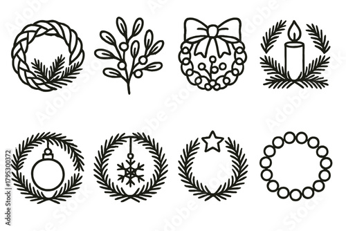 Festive Wreath Icons. Christmas Market Handmade Wreaths linear icons: braided pine ring, mistletoe sprig, red berries, satin ribbon, candle holder, golden bauble, snowflake charm.
