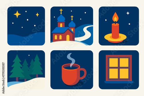 Peaceful New Year Icons. Orthodox New Year Peaceful Evening flat icons: starry night, lit church, calm snow path, candle on table, pine forest edge, steaming mug, warm window light.