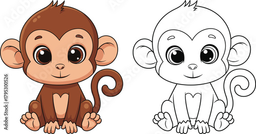 Cute Cartoon Baby Monkey Character and Outline Vector Illustration