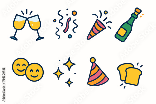 Vibrant Party Icons. Cheers & Laughter flat icons: clinking glasses, confetti, smiling faces, champagne bottle, sparkles, party hat, laughter lines, toast moment.