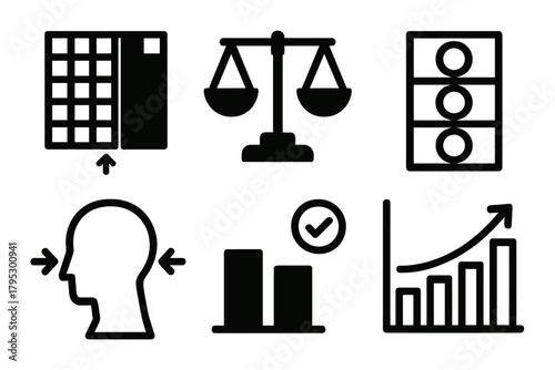 Data Balance Icons. Data Balance silhouette icons set: dataset split, balanced scales, equal distribution, fairness model, bias correction, normalization chart.
