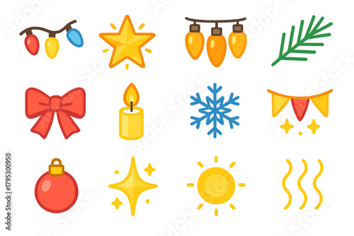 Christmas Icon Set. Decorative Christmas Illumination flat icons: light string, glowing star, golden bulbs, pine sprig, ribbon tie, candle flame, snowflake, garland, ornament.