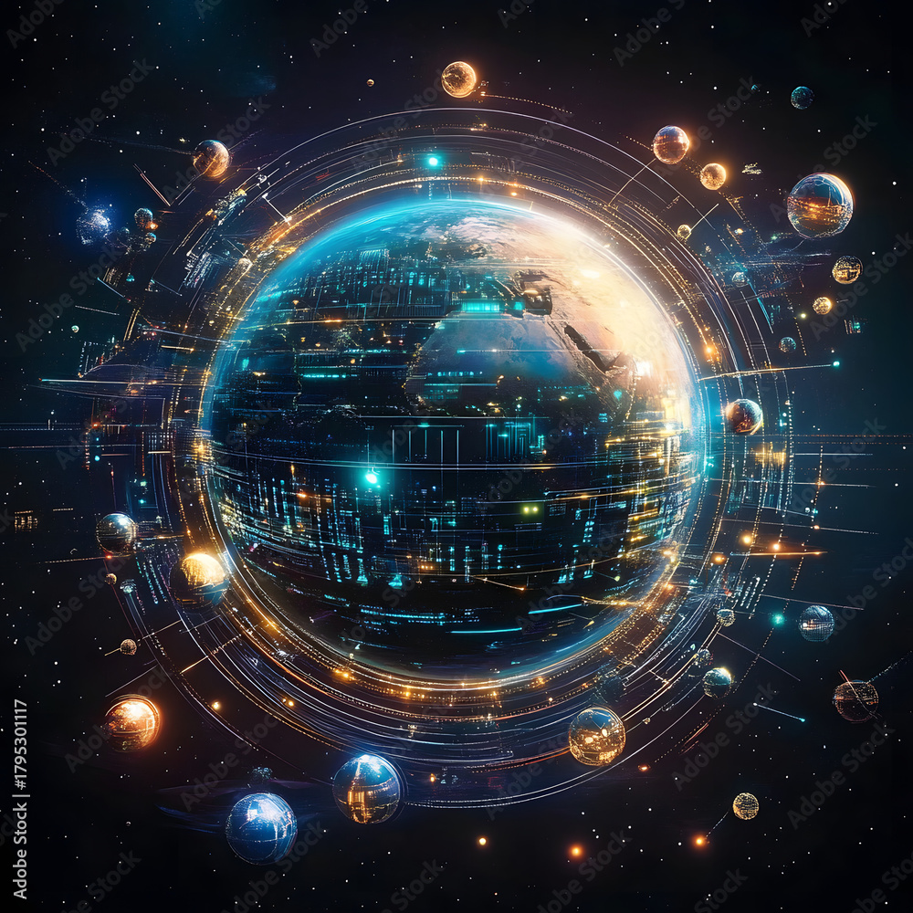 Fototapeta premium Futuristic blue cyber eye with glowing circuits