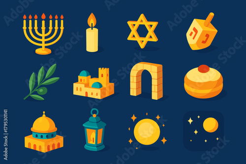 Hanukkah Icons Collection. Hanukkah Israel Lights of Jerusalem flat icons: menorah, candle flame, Star of David, dreidel, olive branch, Jerusalem skyline, stone arch, sufganiyah.
