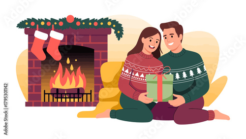 Holiday Hearthside Moment: A couple shares a tender moment near a cozy fireplace, the warmth of the flames mirroring their connection as they exchange a wrapped gift.