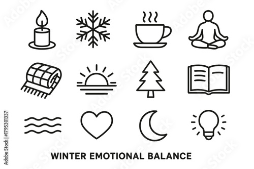 Winter Serenity Icons. Winter Emotional Balance linear icons: candle flame, snowflake, cup of tea, meditation pose, cozy blanket, sunrise, pine tree, open journal, calm waves.
