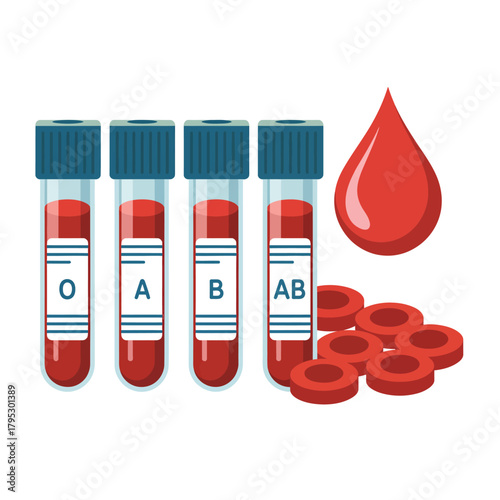 Blood type samples o a b ab with blood drop and red blood cells