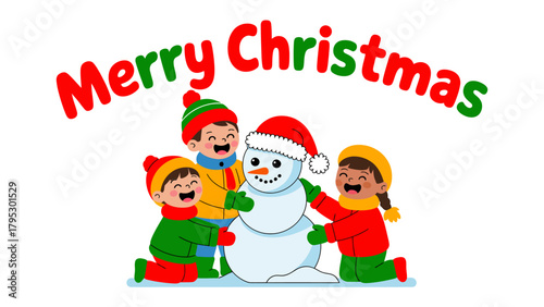 Joyful Christmas: A group of children is playing and laughing during the winter Christmas celebration, surrounded by a snowman.