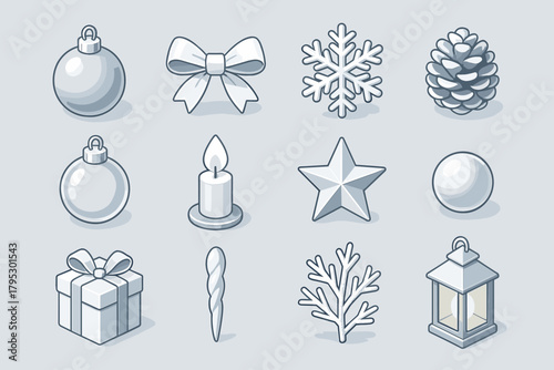 Silver & White Christmas Icons. Christmas Silver & White Style flat icons: silver ornament, white ribbon, snowflake, frosted pinecone, glass bauble, candle flame, crystal star.