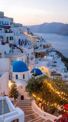 Fototapeta Naklejka Na Ścianę i Meble -  a picturesque mediterranean coastal town, white-washed buildings, blue domed churches, cobblestone streets, vibrant flowers, caldera views, warm sunset glow, stunning scenic landscape, idyllic travel 