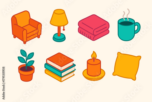 Cozy Retreat Icons. Cozy Retreat flat icons: armchair, table lamp, blanket, steaming mug, flower pot, book stack, candle, pillow.