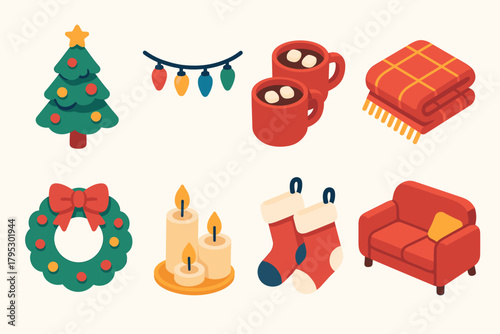 Cozy Holiday Icons. Holiday Cozy Interiors flat icons: decorated tree, string lights, cocoa mugs, plaid throw, wreath, flickering candles, stockings, cozy sofa.