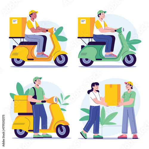 Delivery service workers on scooters and delivering packages on foot