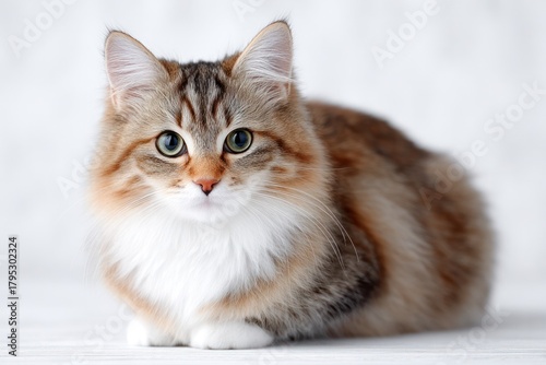 Fluffy Feline's Gaze: A captivating portrait of a domestic cat, showcasing its soft, multi-colored fur and striking eyes, exudes charm and tranquility.