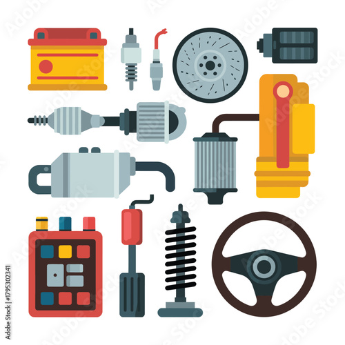 Collection of various car parts and components for automotive repair and maintenance