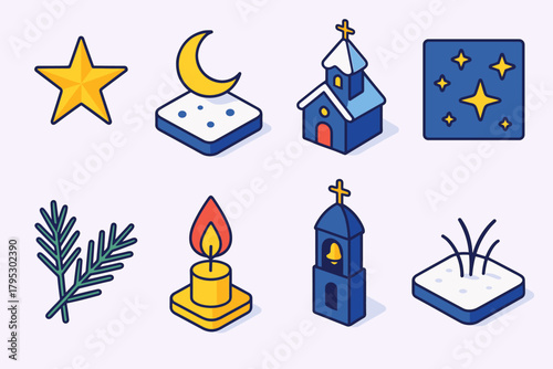 Festive Night Icons. Christmas Silent Night flat icons: single star, moonlit snow, chapel, pine branches, candle flame, starscape, bell tower, frosted field.