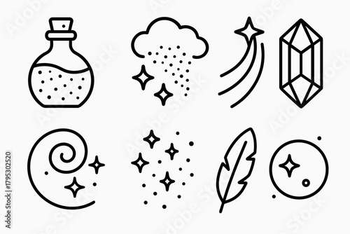 Enchanted Potion Icons. Enchanted Powder linear icons: potion jar, glitter cloud, comet trail, gemstone, swirl sparkle, star dust, feather, light orb.