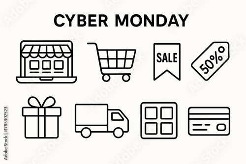 Cyber Monday Icons. Cyber Monday Online Storefront linear icons: laptop with storefront, shopping cart, sale banner, discount tag, gift box, delivery truck, product grid, credit.