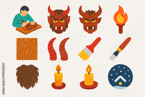 Krampus Craft Icons. Krampus Mask Makers flat icons: artisan carving, mask detail, torch flame, wood texture, horns, paintbrush, fur material, chisel, candle, pinecone, workshop.