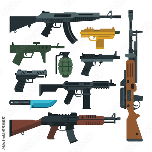 Collection of various firearms and weapon types on a white background