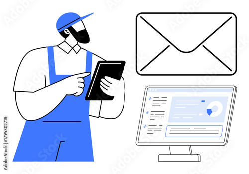 Worker in a cap and uniform holding a tablet, large envelope icon symbolizing email, desktop screen showing tracking data. Ideal for logistics, delivery, communication, technology, automation