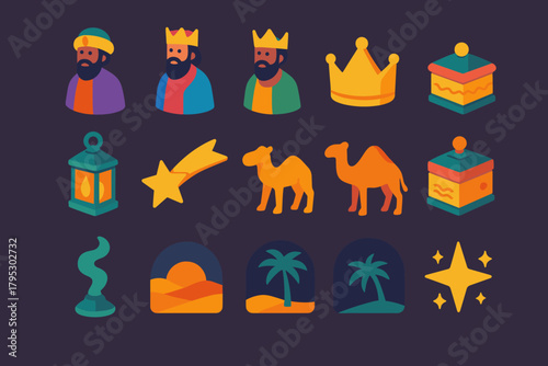 Epiphany Icons Isometric Design. Epiphany Procession flat icons: three kings, golden crown, lantern, star trail, camel, ornate box, incense smoke, desert landscape, horizon glow.