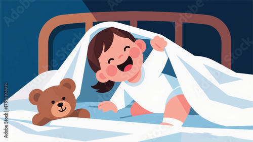 Illustration Of A Girl Playing With A Blanket And A Doll Vector Design Template