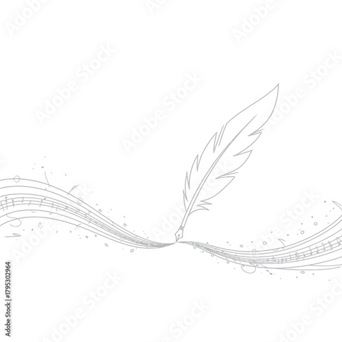 Elegant feather pen drawing with flowing ink trail on white background